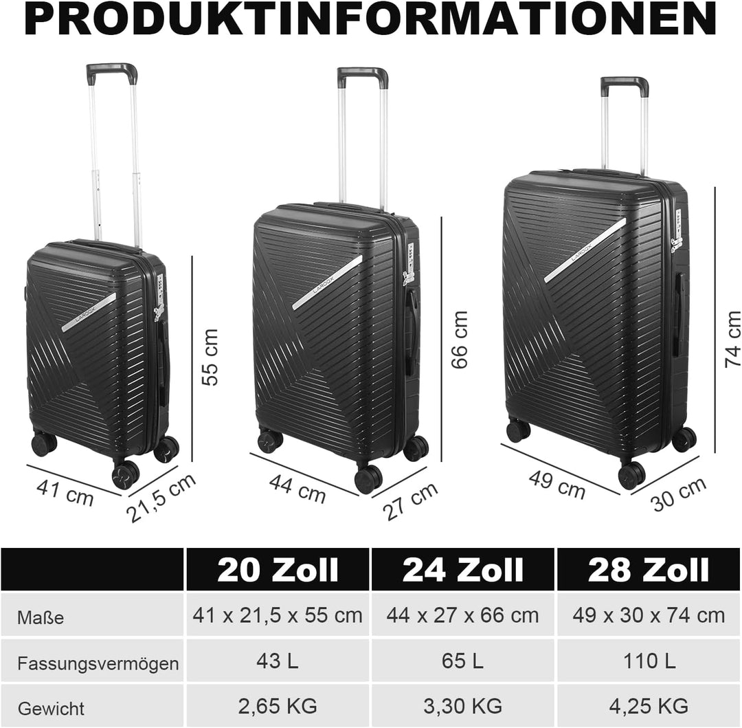 Hartschalen Kofferset 3-teilig aus Polypropylen, 55 cm 66 cm 74 cm (43L 65L 110L), Hochbelastbar, TS