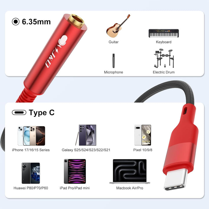 J&D USB Type C zu 1/4 TS Audio Aufnahme Adapter, USB C zu 6,35 mm TS Buchse Gitarrenkabel, Mikrofonk