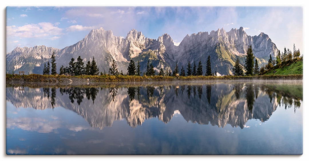 ARTland Leinwandbilder Wandbild Bild auf Leinwand 100x50 cm Wanddeko Landschaft Berge Alpen Bäume Se