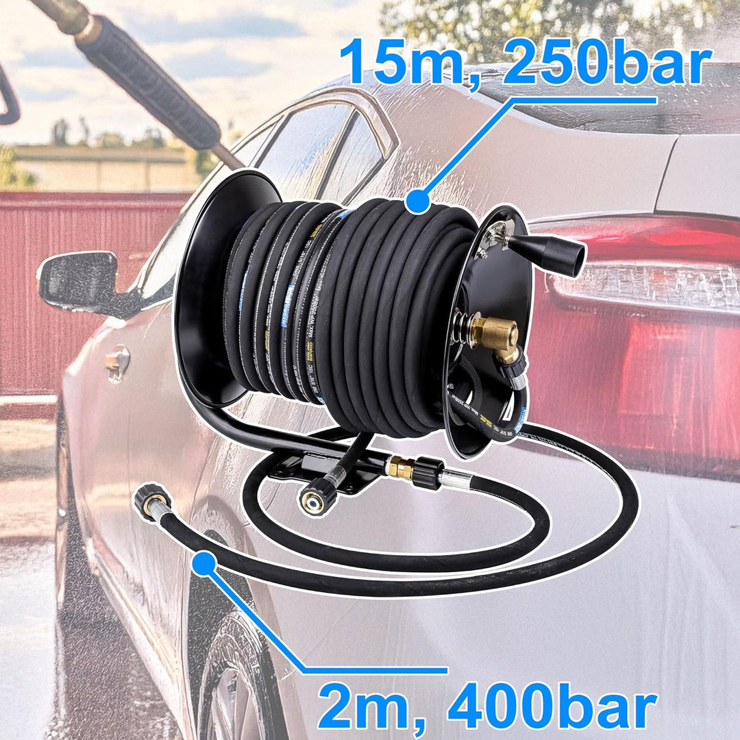 Hochdruck-Schlauchtrommel 210 bar mit 15 m Hochdruckschlauch DN8 250 bar, Schwarz, kompatibel mit Kä
