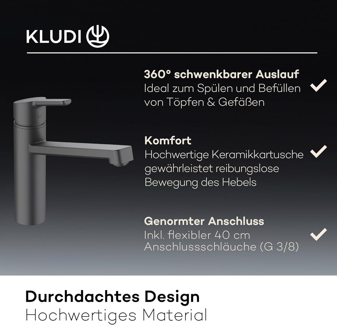 KLUDI-M3 Niederdruck Armatur Küche 360° schwenkbar, Wasserhahn Küche Schwarz mit 1 Strahlart, Mischb