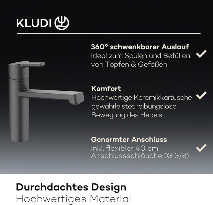 KLUDI-M3 Niederdruck Armatur Küche 360° schwenkbar, Wasserhahn Küche Schwarz mit 1 Strahlart, Mischb