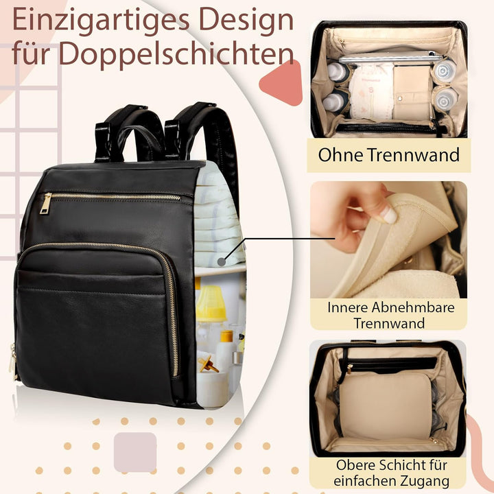 MISS FONG Wickelrucksack Wickeltasche Leder, Baby Rucksack Wickelrucksack Grosse Kapazität Mit 13 Wi