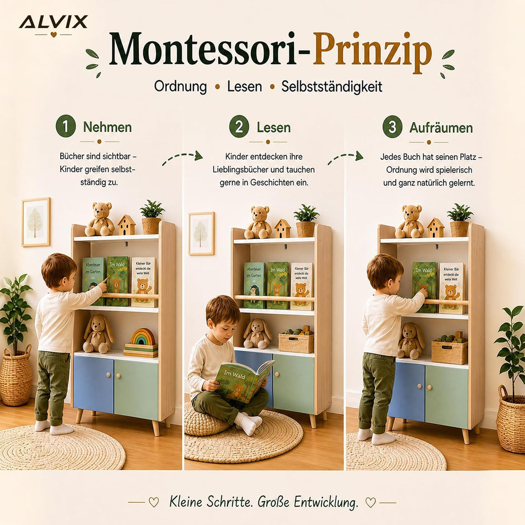 ALVIX Montessori Kinderregal mit 2 Türen und frontaler Buchablage | Bücherregal für Kinder, Spielzeu