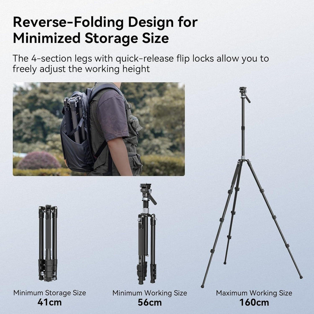 SMALLRIG 63" Video Travel Tripod, Carbonfaser-Stativ mit Schnellwechsel-Fluidkopf, Nivellierschalenb