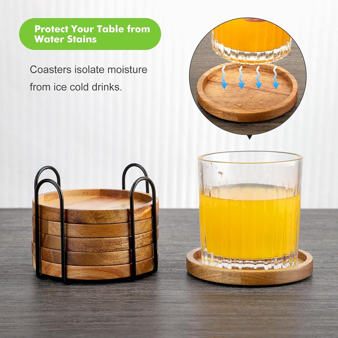 Untersetzer Holz Rund für Gläser 6er Set, Untersetzer aus Akazienholz mit Halter, Glasuntersetzer fü
