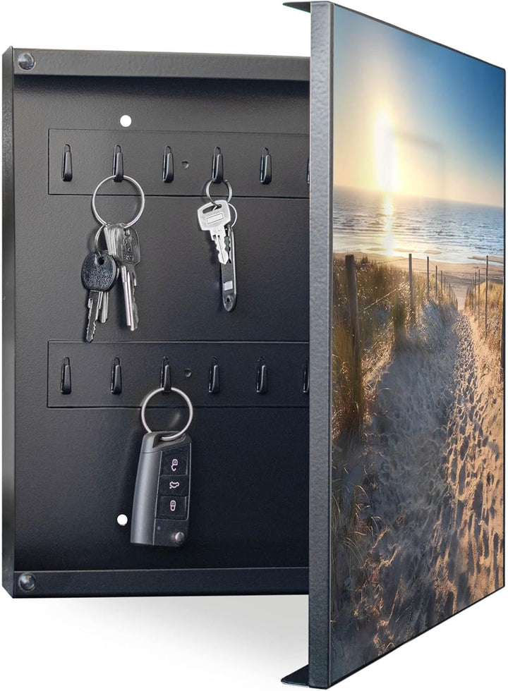 banjado® Grosser Schlüsselkasten Glas/Schlüsselbox 30cm x 30cm mit 50 Haken - Motiv Nordseestrand/Sc