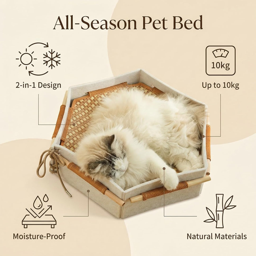 Sechseckiges Katzenbett mit Bambusmatte – Doppelseitig für Sommer (Kühlt) &amp; Winter (Wärmt), Abnehmba