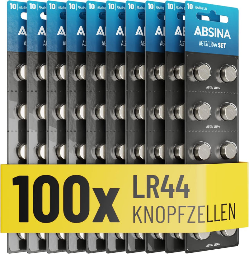 ABSINA AG13 LR44 Knopfzelle 100er Pack - 1,5V Alkaline Knopfzellen auslaufsicher & mit Langer Haltba