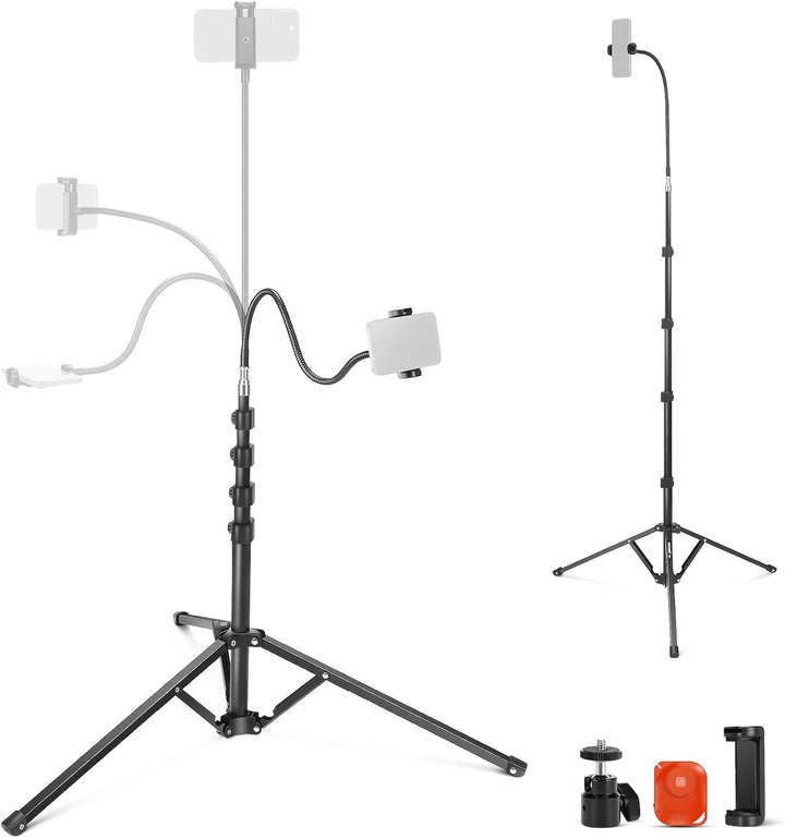 NEEWER 71" Handy Stativ Ständer mit umkehrbaren Beinen, flexiblem Arm, 360° Kugelkopf, Telefonhalter