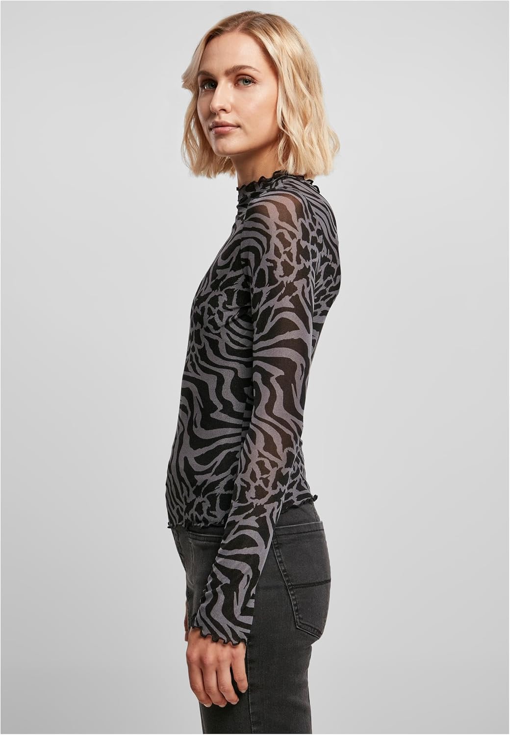 Urban Classics Damen Ladies AOP Mesh Turtleneck Longsleeve XS Asphalt/Black, XS Asphalt/Black