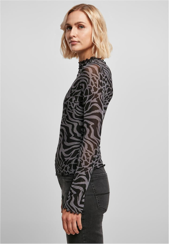 Urban Classics Damen Ladies AOP Mesh Turtleneck Longsleeve XS Asphalt/Black, XS Asphalt/Black