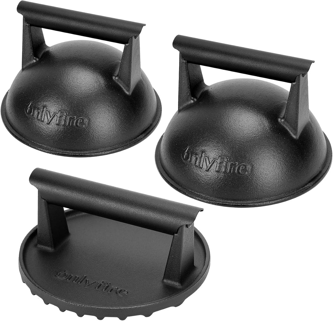 onlyfire Gusseisen Smash Burger Set 3-teilig, Burger Smasher &amp; 2X Schmelzhaube 18cm, Profi Burgerpre