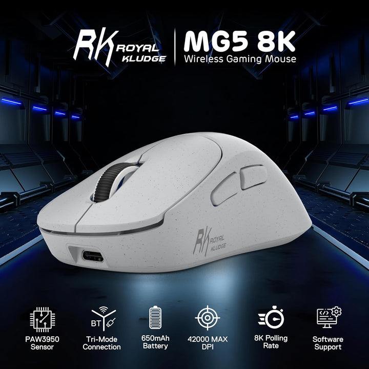 RK ROYAL KLUDGE MG5 8K kabellose Gaming Maus, 42K DPI PAW3950 Sensor, 56g leichte ergonomische, dopp