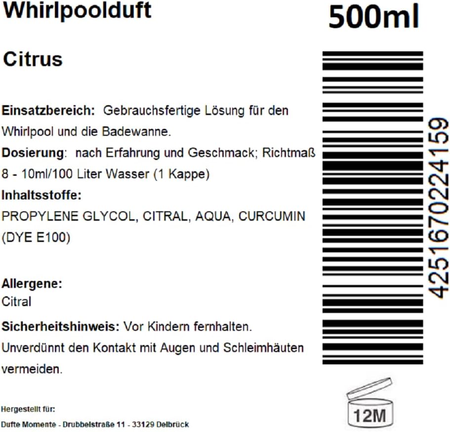 Dufte Momente | Whirlpool Duft 500ml | Citrus | mit naturreinen und natürlichen ätherischen Ölen | k