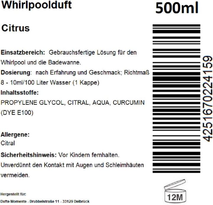 Dufte Momente | Whirlpool Duft 500ml | Citrus | mit naturreinen und natürlichen ätherischen Ölen | k