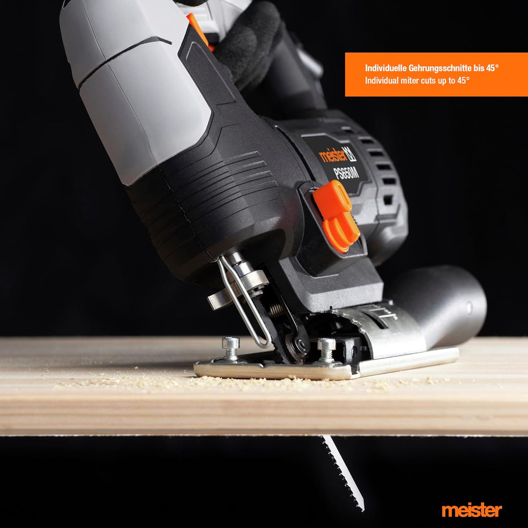 Meister Pendelhub-Stichsäge 650 W – Für Holz, Metall und Kunststoff – Mit Gehrungsschnitt bis 45° un