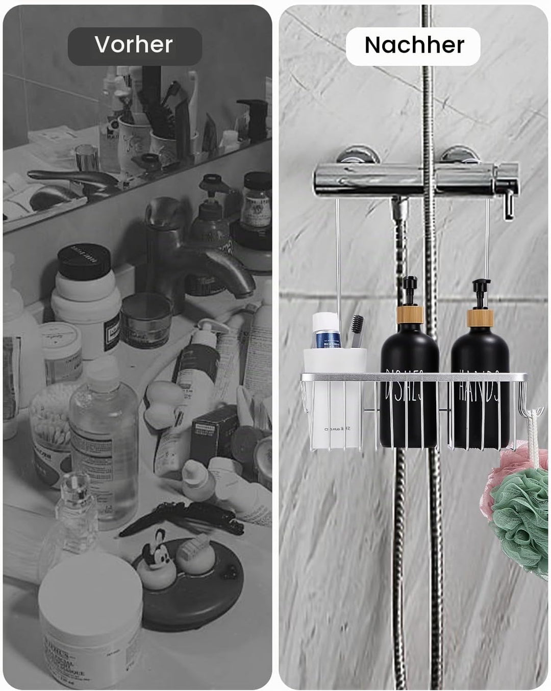 Duschablage ohne Bohren, Duschregal zum Hängen, Shampoo-Halterung, Aufhängen für Badezimmer Silber,
