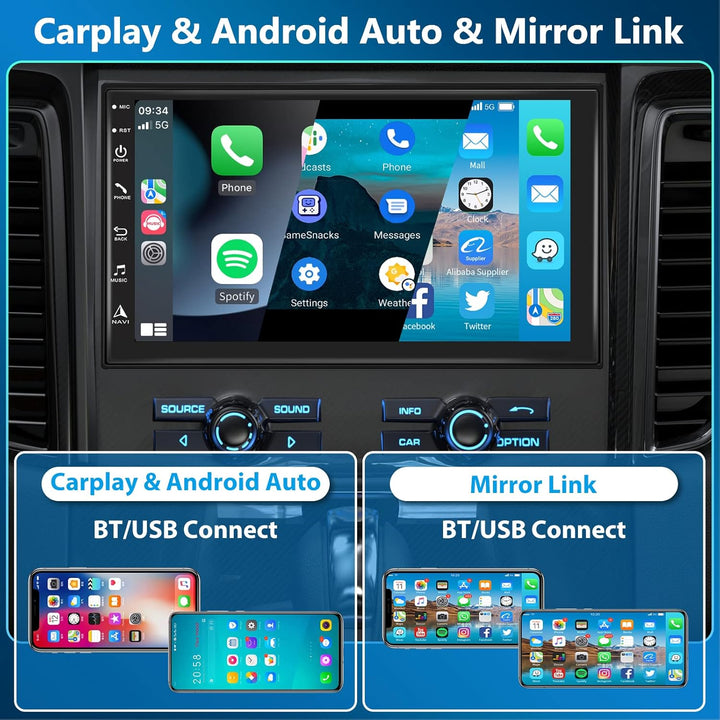 Hodozzy Android Autoradio 8-Core 4G+64G mit Carplay, Android Auto, Mirror Link 2 Din 7 Zoll IPS Touc