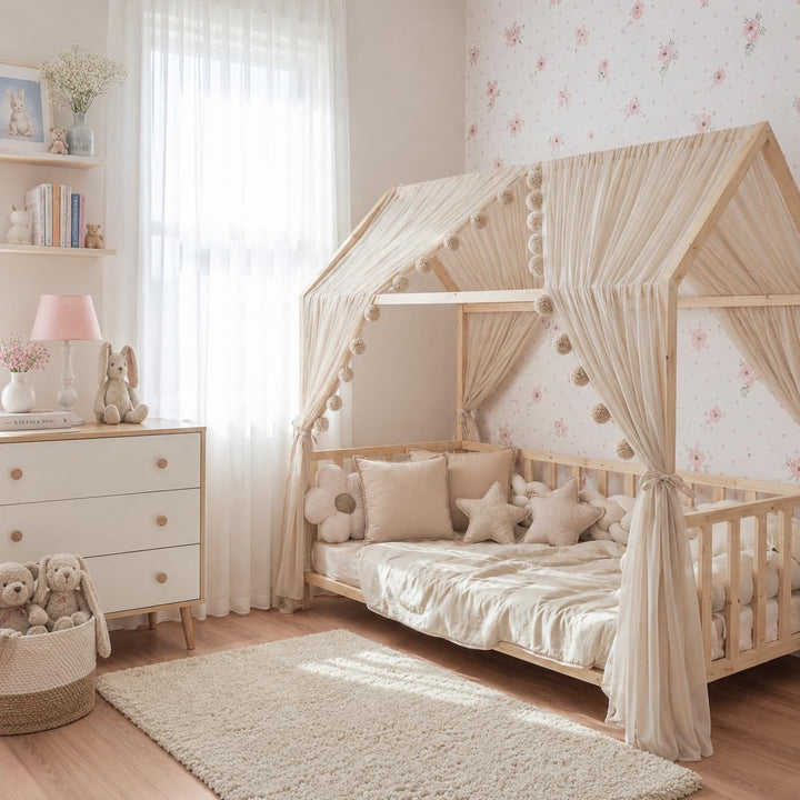 Baby Fancyroom Betthimmel für Hausbett, Bettvorhang aus Tüll, Beige, 2er Set mit Schleifen und Pompo