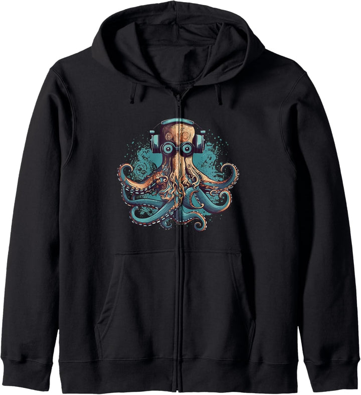 Cooler Nerdy Oktopus mit Brille und Kopfhörern Kapuzenjacke