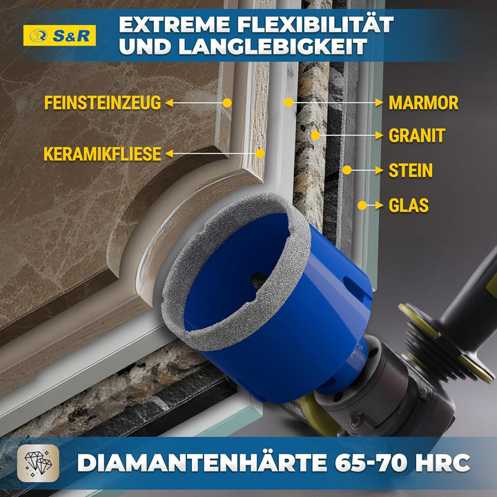 S&R Professional Diamant Fliesenbohrer 68 mm, Lochsäge für Fliesen M14 Gewinde, Diamant Bohrer Flies