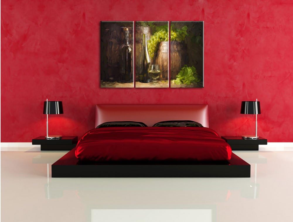 Pixxprint Fässer mit Weintrauben und Wein als Leinwandbild/Grösse: 3 Teilig (120x80) cm/Wandbild/Kun