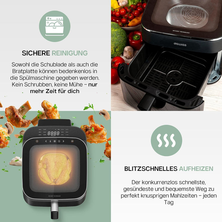 4SWISS Heissluftfritteuse mit Sichtfenster 6,5L, Airfryer XL 1700W mit 12 Programme, 180°C in 1,44 M