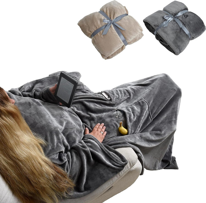 ESTEXO XXL TV-Decke Ärmeldecke Kuscheldecke Wohndecke mit Ärmeln und Fusstasche Handytasche Anthrazi