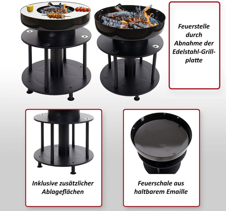 Mendler Feuerschale mit Grill HWC-K95, Feuerstelle Grill BBQ, Grillplatte Ablagefläche, Stahl Edelst