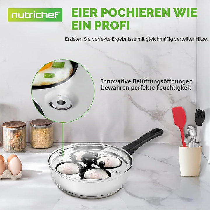 NutriChef Eier Pochierer Edelstahl 20 cm– Eierkocher Für 4 Eier, Pochierte Eier Form, Induktionsgeei