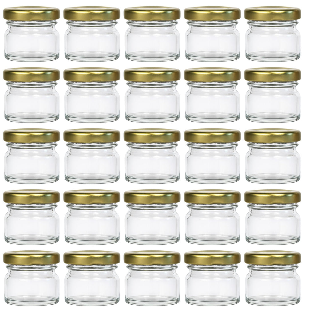 Vitrea 25x Mini Marmeladengläser 30 ml - mit Deckel Gold TO 43 - kleine Einmachgläser zum befüllen m
