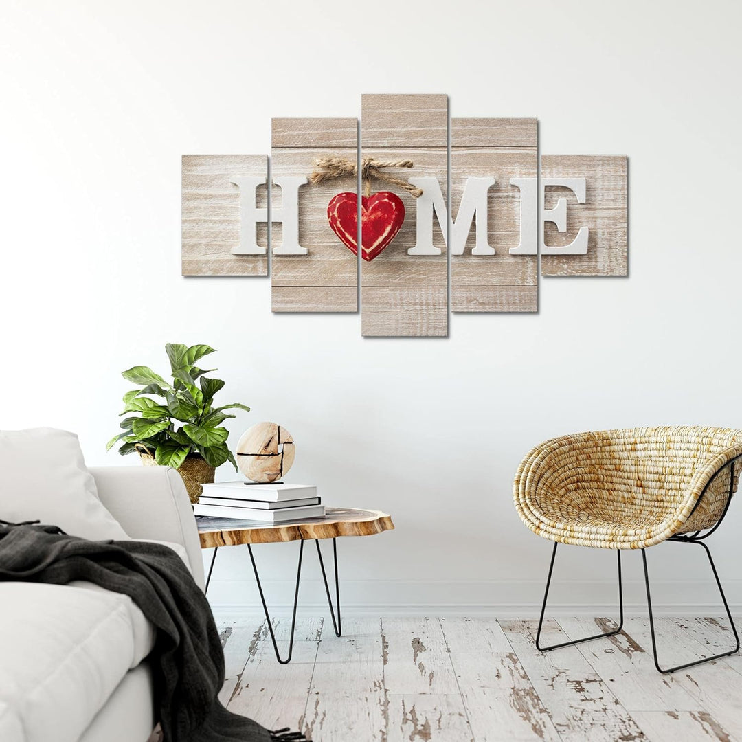 Runa Art Bild Wohnzimmer Home Herz 5 Teilig Holzoptik Beige Rot Wandbilder auf Vlies Leinwand 505253