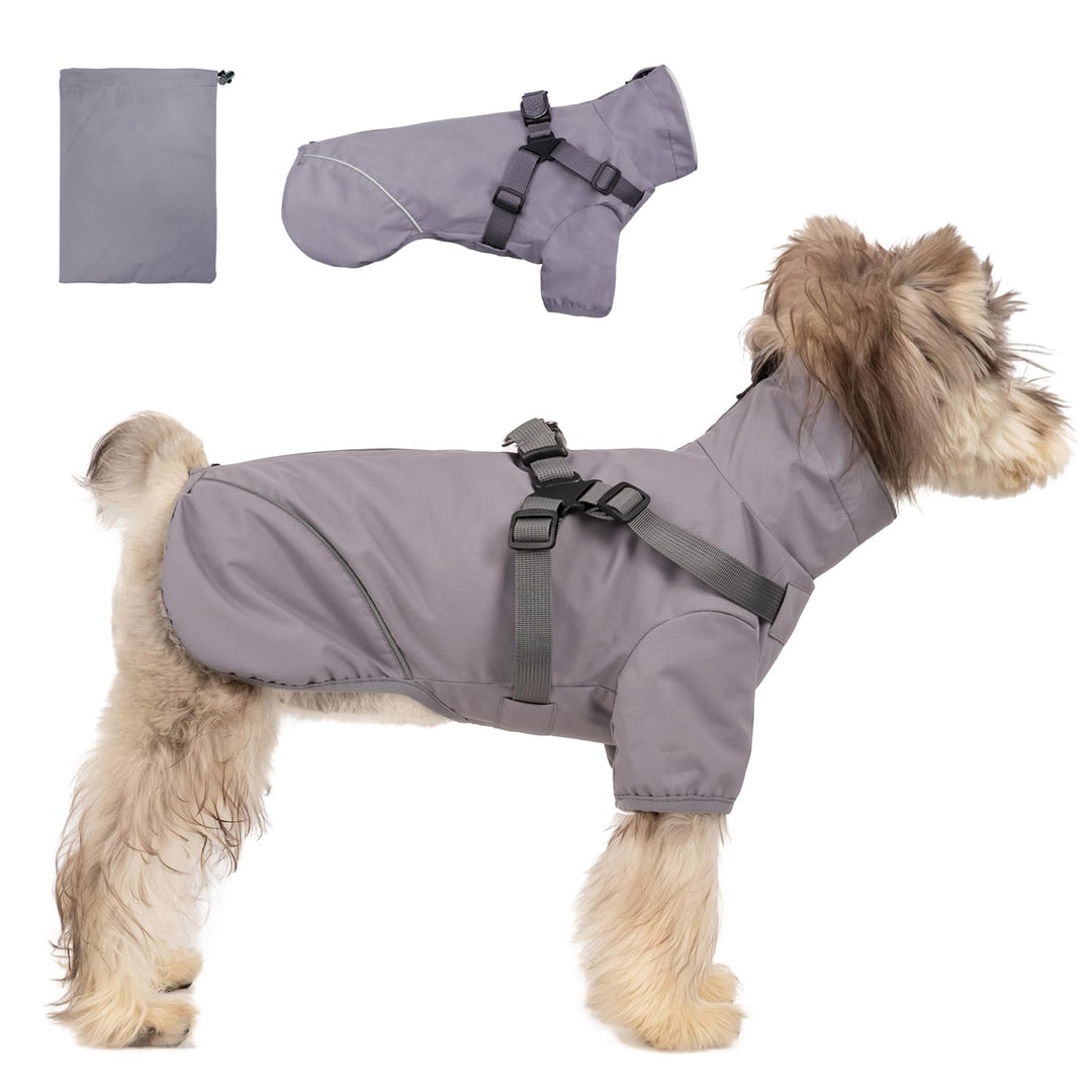 Graue mittelgrosse Hunde-Regenjacke, wasserdicht mit Geschirr - leicht anzuziehen, reflektierender R