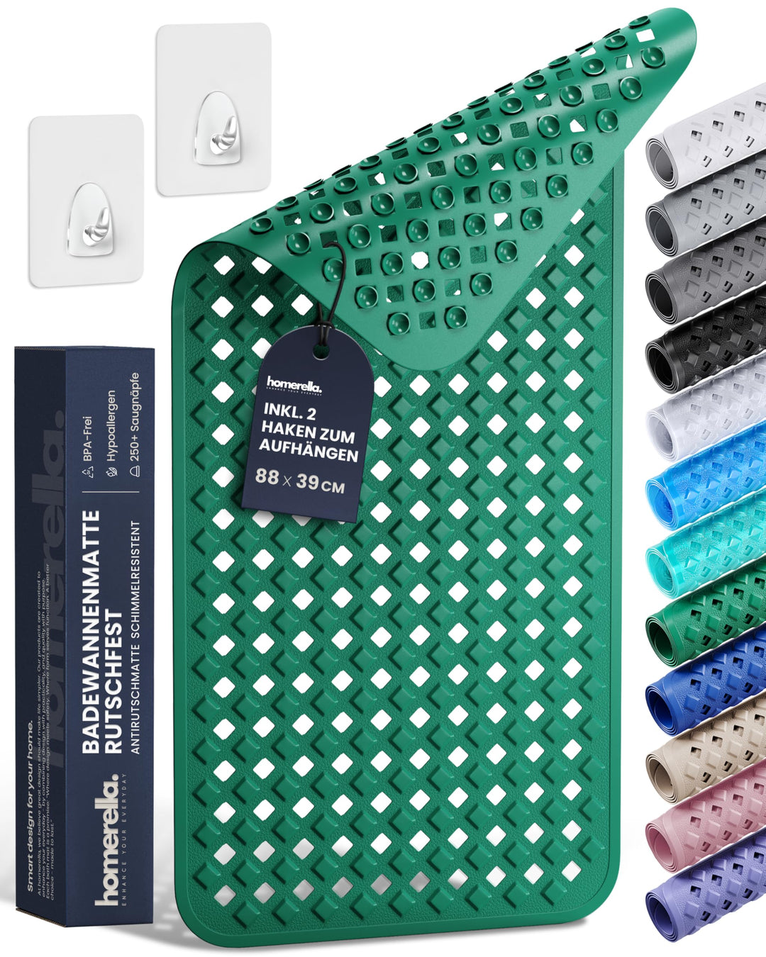 homerella® Badewannenmatte rutschfest 88x39cm, INKL. HAKEN, Rutschfeste Badematte BPA frei, Duschmat
