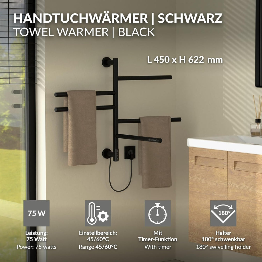 LuxeBath Handtuchwärmer Elektrisch mit 5 schwenkbaren Armen und Timerfunktion, Handtuchheizkörper Sc