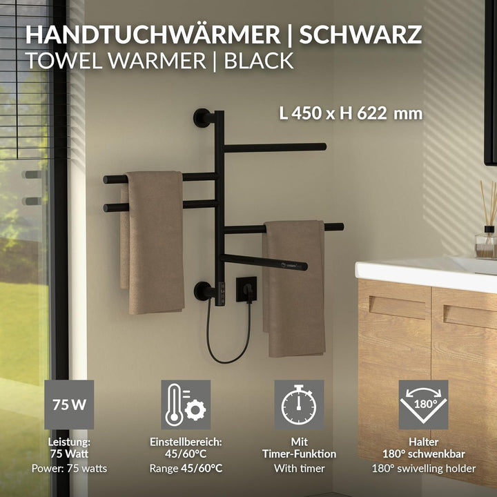 LuxeBath Handtuchwärmer Elektrisch mit 5 schwenkbaren Armen und Timerfunktion, Handtuchheizkörper Sc