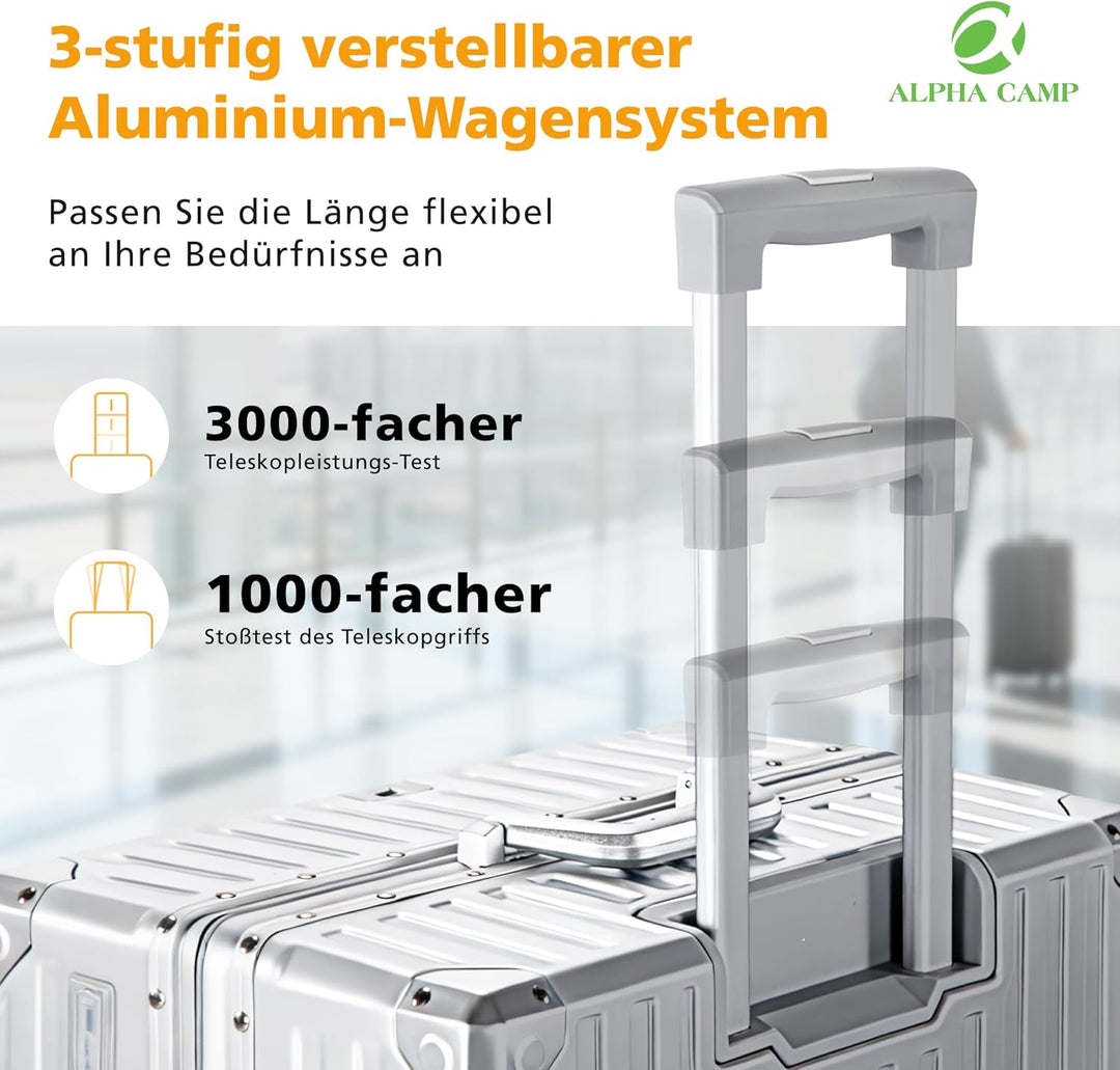 ALPHA CAMP Koffer XL Reisekoffer mit Rollen TSA Schloss, Hartschalenkoffer Gross Suitcase Aluminium