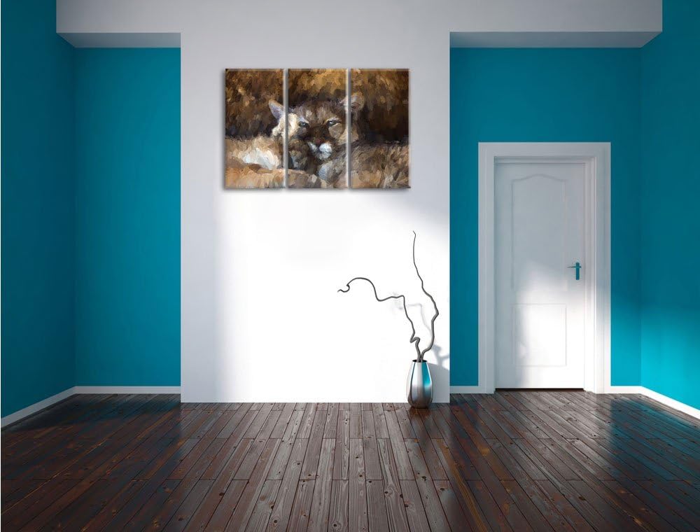 Pixxprint verschlafenes Puma Paar Kunst als Leinwandbild/Grösse: 3 Teilig (120x80 cm) cm/Wandbild/Ku