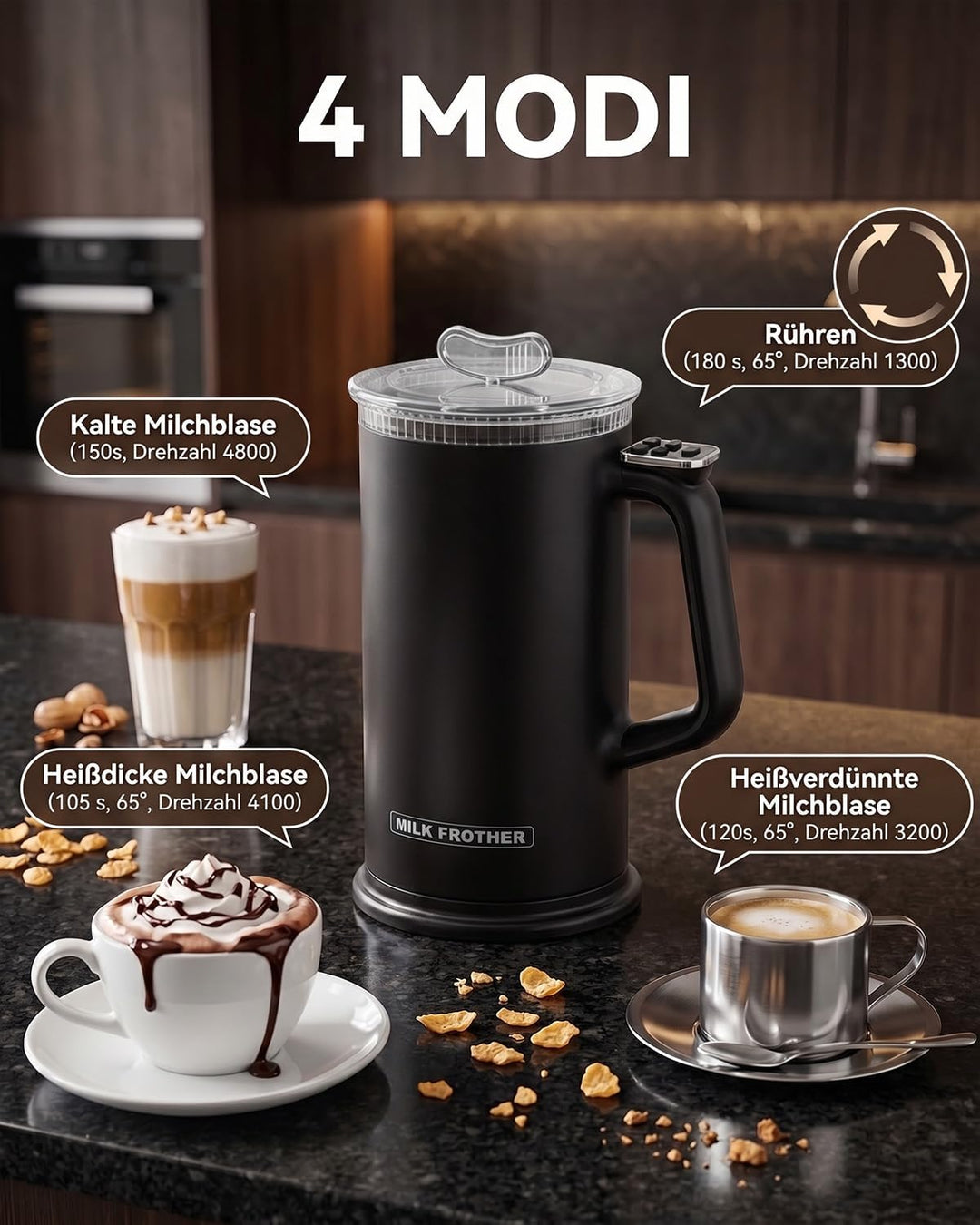 Milchaufschäumer Elektrisch 4-in-1, 350ml Automatischer Milchaufschäumer für Heisser und Kalter Milc
