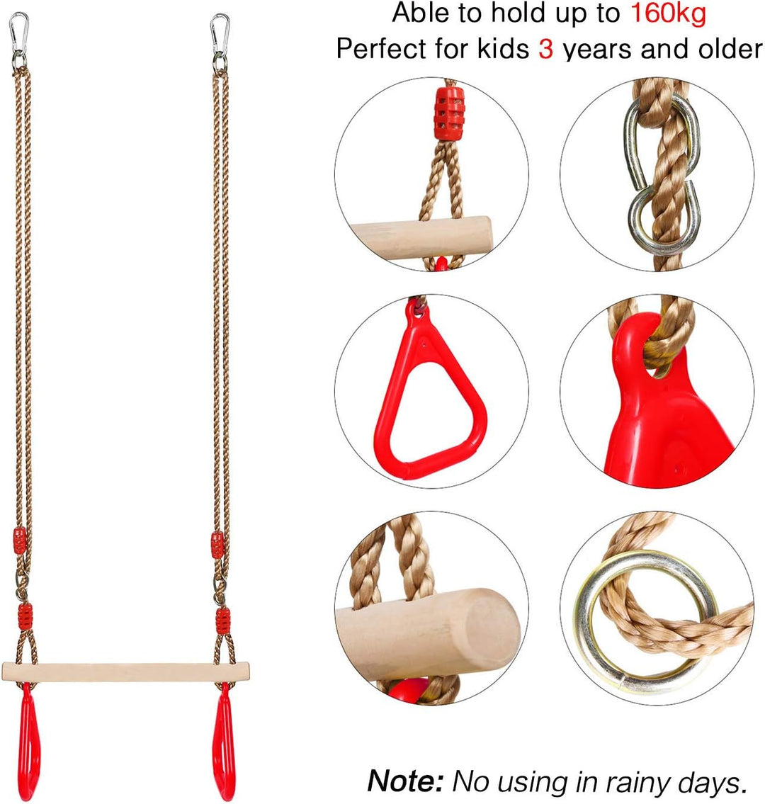 PELLOR Multifunktions Kinderholz Trapeze Schaukel mit Kunststoff Turnringe zum Aufhängen belastbar b