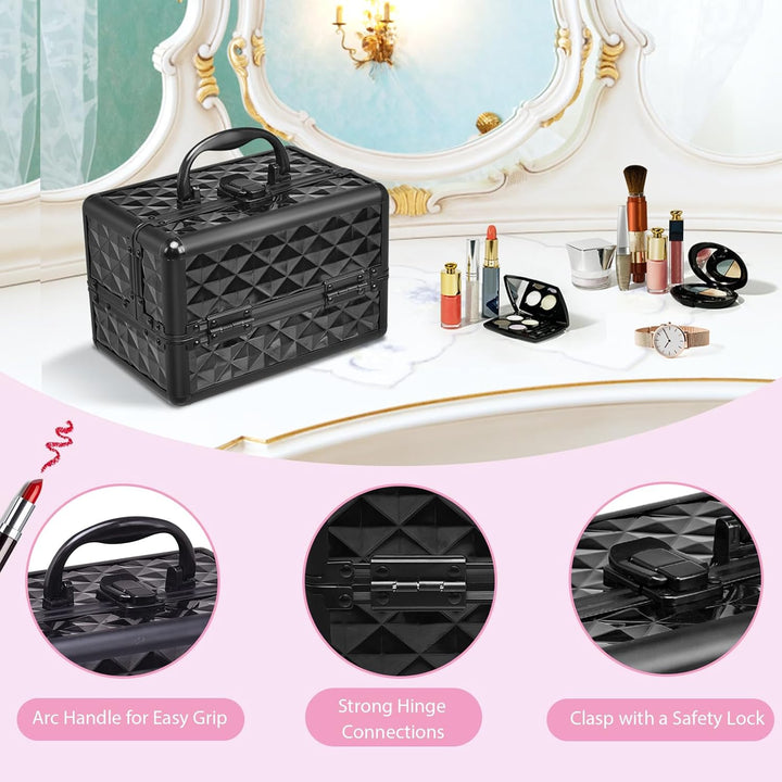 HOMASIS Kosmetikkoffer mit Spiegel, Mini Schminkkoffer mit 3 Ebenen, tragbarer Beauty Case mit Griff