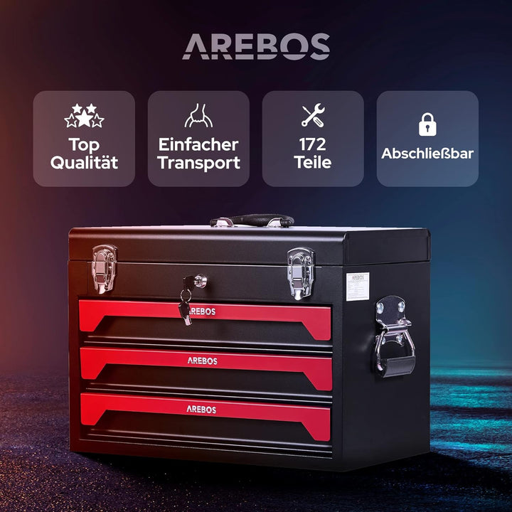Arebos Werkzeugkoffer inkl. 172-tlg. Werkzeugset aus Chrom Vanadium Steckschlüssel Set | für Haushal