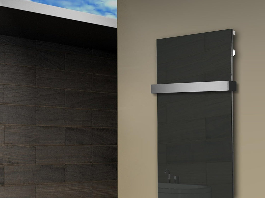 Badheizkörper mit Glas Design Montevideo 2 (Glasfront) 120x47cm 799 Watt anthrazit - moon +1 Halter