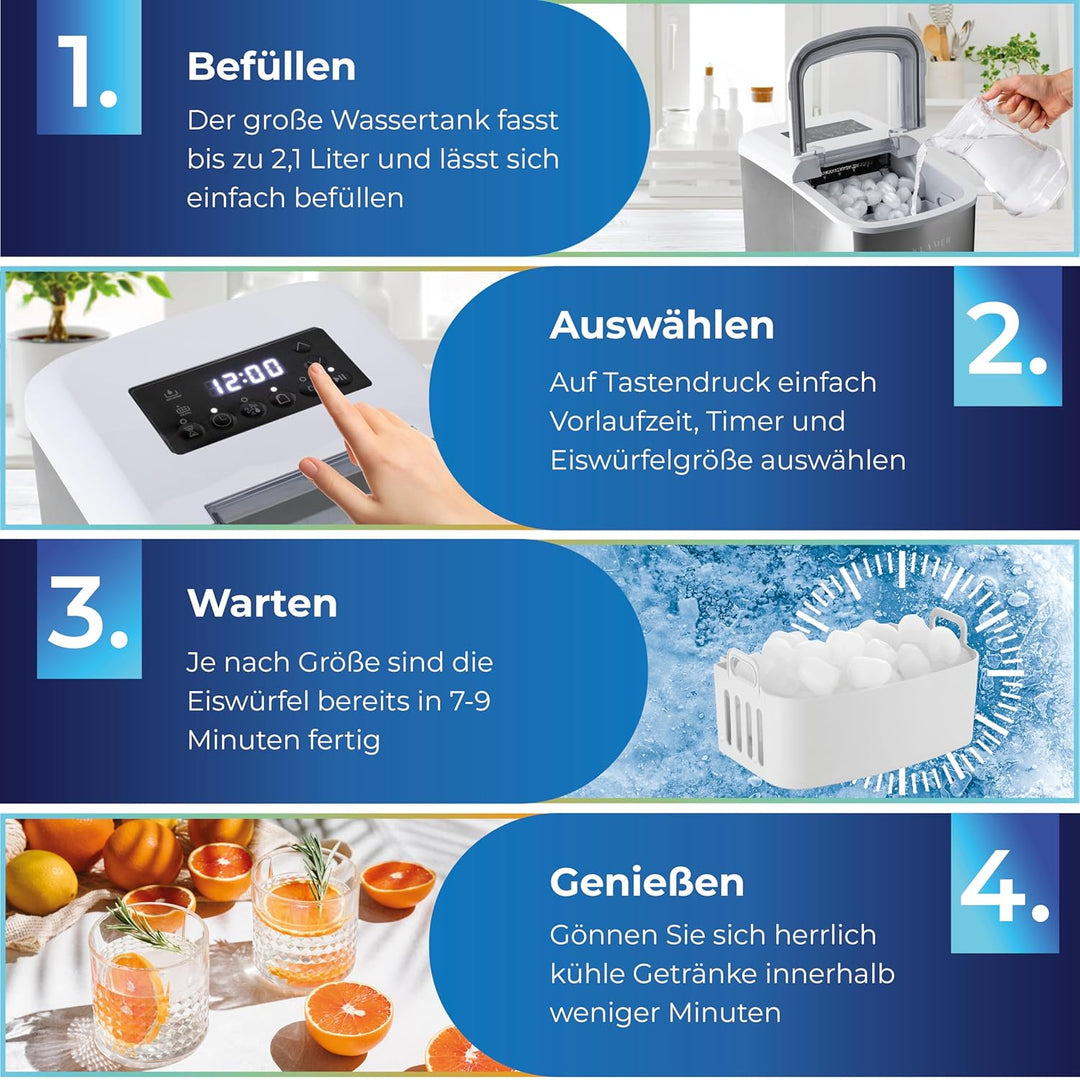 KLAMER Eiswürfelmaschine klein mit Eisschaufel & 2 Eiswürfelgrössen - 10 Eiswürfel in nur 7 Min, 15