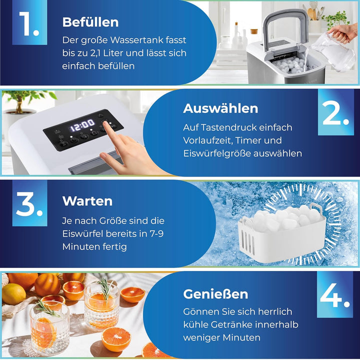 KLAMER Eiswürfelmaschine klein mit Eisschaufel & 2 Eiswürfelgrössen - 10 Eiswürfel in nur 7 Min, 15