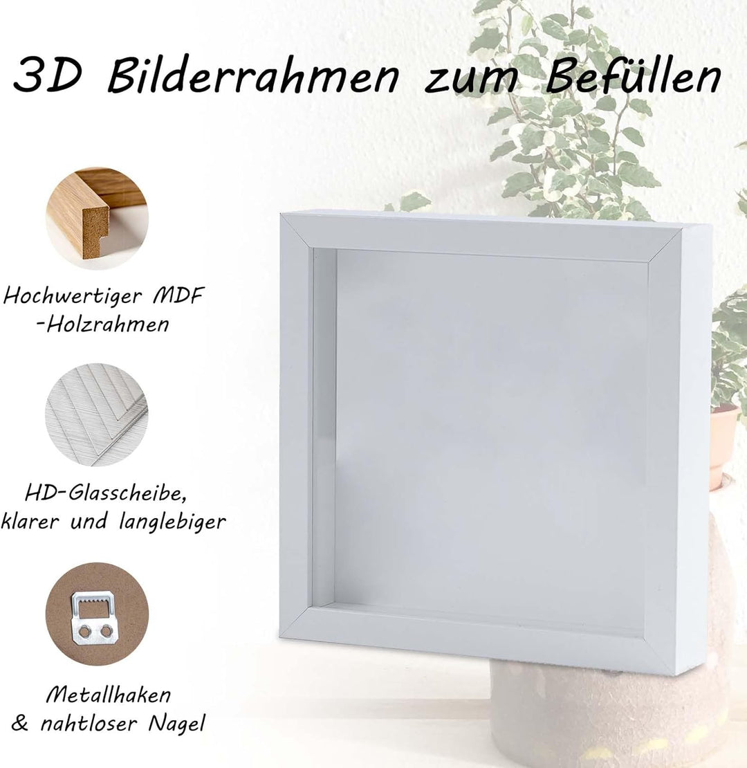 Muzilife 3D Bilderrahmen zum Befüllen mit Glasscheibe, 28x28 cm-Tiefer Rahmen Weiss, Holz Objektrahm