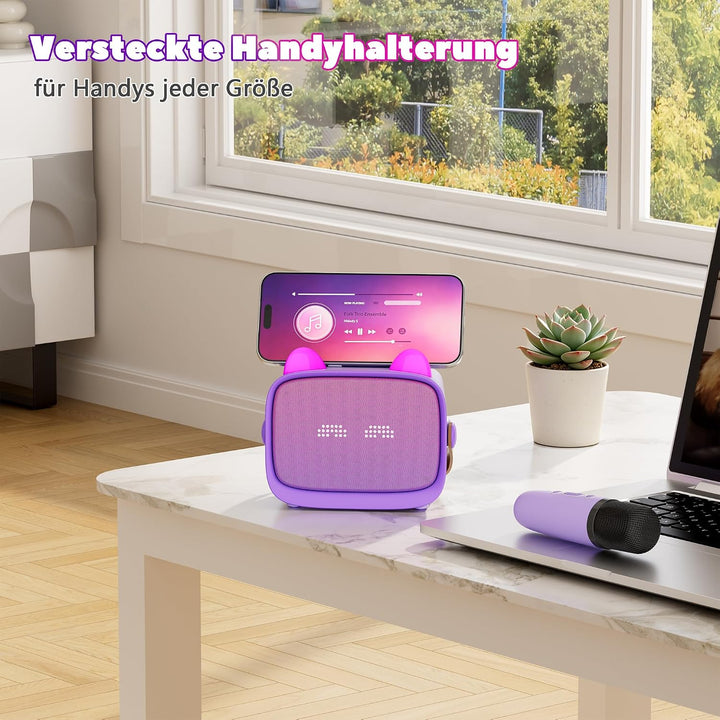 Karaoke Maschine für Kinder mit 2 Kabellosen Mikrofonen, Bluetooth Lautsprecher mit LED Licht, Emoji