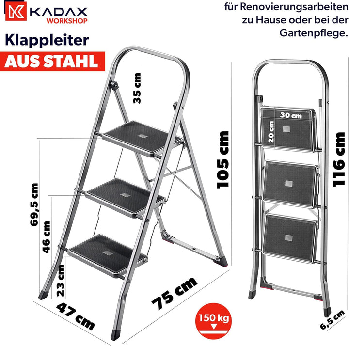 KADAX Klappleiter aus Stahl, Trittleiter mit Traglast bis 150kg, Leiter mit Klappsicherung, Handlauf