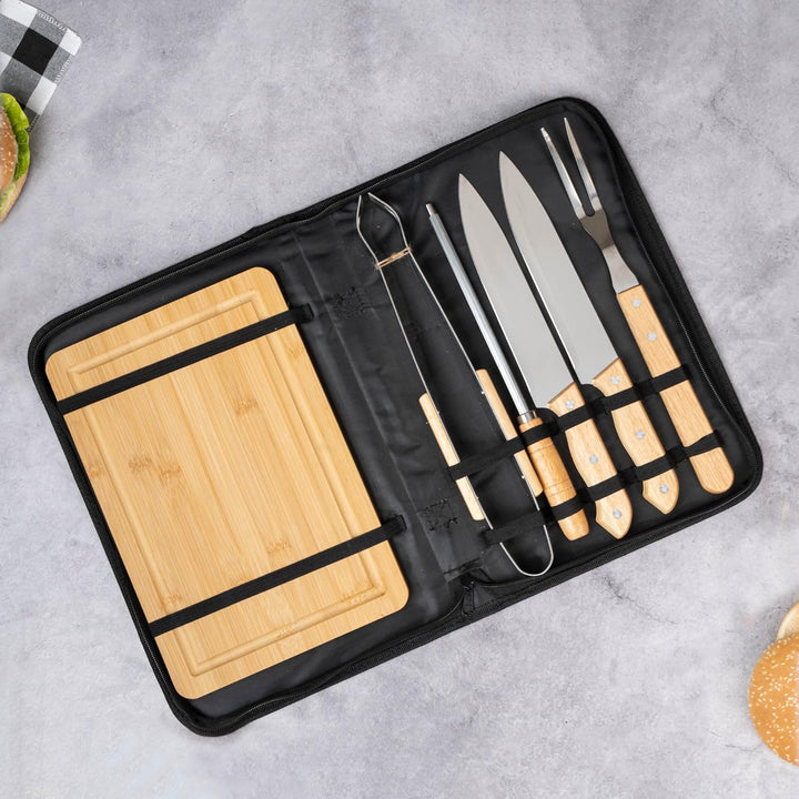 Wanapix | Personalisiertes BBQ-Set | Enthält 6 Ubehörteile (2 Messer, Schärfer, Tranchiermesser,Zang